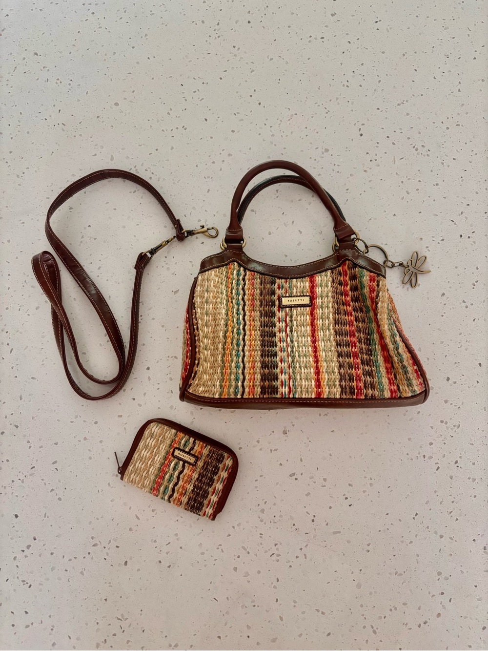 Rossetti  Multicolor Woven Straw Handbag Purse with Brown Trim Removable Strap